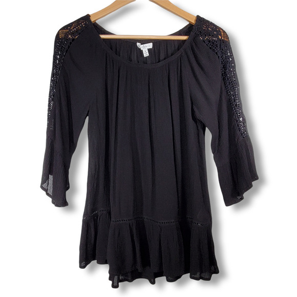 Fever Off Shoulder Peasant Top Blouse Black Size Small - Picture 1 of 13